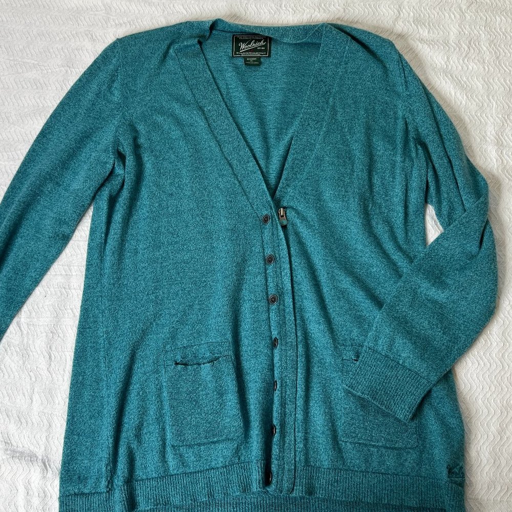 Woolrich Womens Large Blue Zipper Button Front V-Neck Cardigan Sweater Pockets